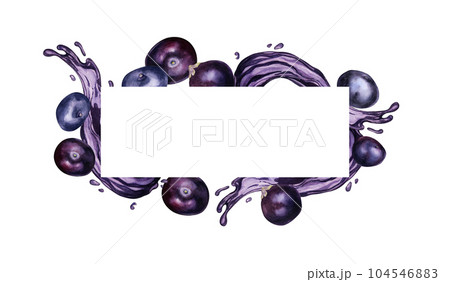 Frame of acai berries and juice splash watercolor illustration isolated on white. Exotic amazon small purple berries, tropical fruit hand drawn. Design element for packaging, label, kitchen utensil Frame of acai berries and juice splash watercolor illustration isolated on white. Exotic amazon small purple berries, tropical fruit hand drawn. Design element for packaging, label, kitchen utensil 104546883