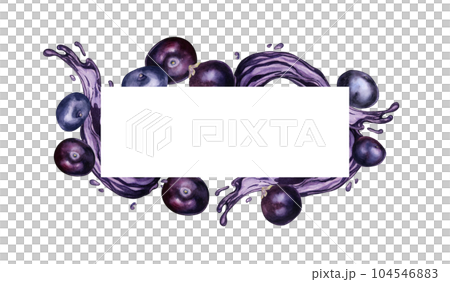 Frame of acai berries and juice splash watercolor illustration isolated on white. Exotic amazon small purple berries, tropical fruit hand drawn. Design element for packaging, label, kitchen utensil 104546883