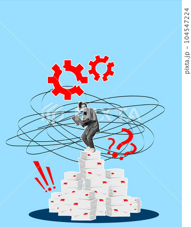 Young woman, employee shouting, standing on many documents around. Many tasks, deadlines and projects. Contemporary art collage. 104547224