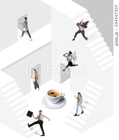 Group of employees, men and women walking in office. Different departments. Motivation and ambitions. Creative conceptual collage. Group of employees, men and women walking in office. Different departments. Motivation and ambitions. Creative conceptual collage. 104547307