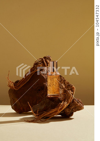 Front view of serum bottle unlabeled displayed on brown stone with angelica sinensis roots on brown background. Minimal scene with copy space for business branding and product presentation. Front view of serum bottle unlabeled displayed on brown stone with angelica sinensis roots on brown background. Minimal scene with copy space for business branding and product presentation. 104547332