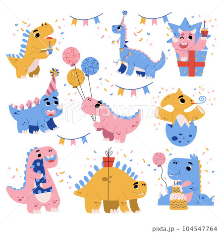 Dino Party with Happy Dinosaurs with Balloon and Gift Box Vector Set 104547764