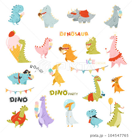 Dino Party with Happy Dinosaurs with Ice Cream and Wearing Costumes Big Vector Set 104547765