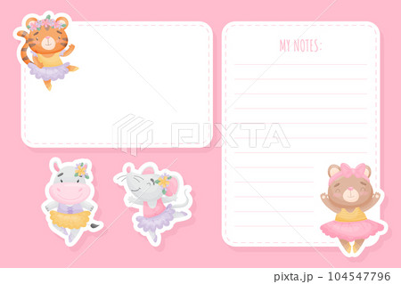 Notepad Page with Cute Animal Ballerina in Tutu Skirt and Pointe Shoes Vector Template 104547796