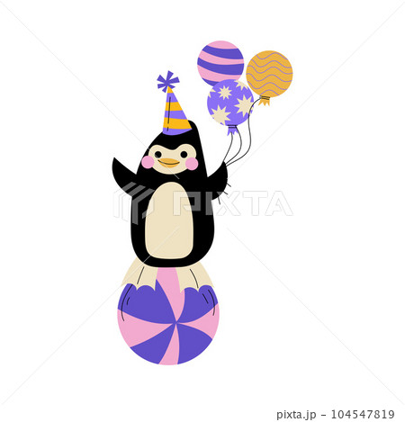 Circus Penguin Animal Stand on Ball with Bunch of Balloons Vector Illustration Circus Penguin Animal Stand on Ball with Bunch of Balloons Vector Illustration 104547819