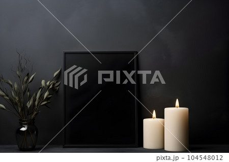 mourning candle , free space empty frame mockup, modern minimalismus dark mourning candle , free space empty frame mockup, modern minimalismus dark 104548012