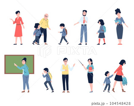 Back to school go children with backpack and parents. Teachers and students flat characters, young pupil and study. Recent education vector set Back to school go children with backpack and parents. Teachers and students flat characters, young pupil and study. Recent education vector set 104548428