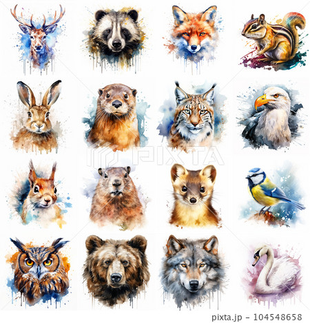 European animal set painted with watercolors on a white background in a realistic manner, multicolored and iridescent. 104548658