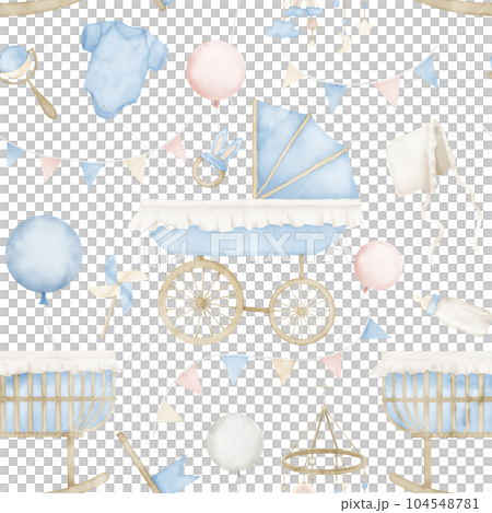 Seamless watercolor Pattern with Baby Toys and rattles. Hand drawn illustration with pinwheel, teether, balloons and garlands on isolated background. Ornament in pastel colors for childish textile. 104548781