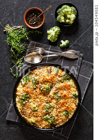 tasty Chicken Broccoli mushroom Casserole on dish 104549081