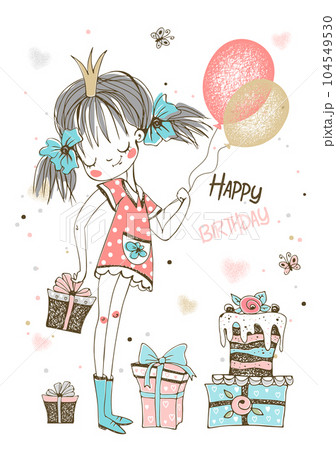 A birthday card with a cute princess girl and gifts. Vector. 104549530
