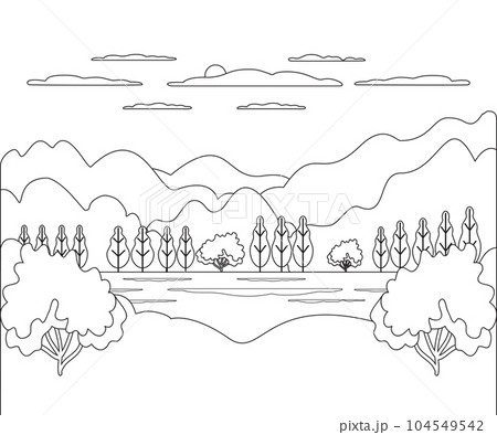 Landscape cartoon vector illustration. Graphic design panorama with nature, mountain, hill, tree, sky, cloud, sun. Countryside style abstract background thin line concept for social media, story, post 104549542