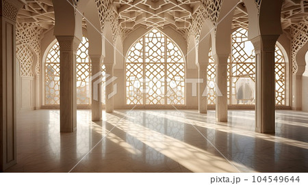 The intricate lattice work of the mosque 3d illustration - Generative AI. The intricate lattice work of the mosque 3d illustration - Generative AI. 104549644