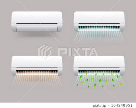 Realistic conditioner flow. Air conditioners on wall blow cold breeze or heat wind wave, fan airflow effect ac aire conditioning cool and warm winds, ad exact vector illustration 104549951
