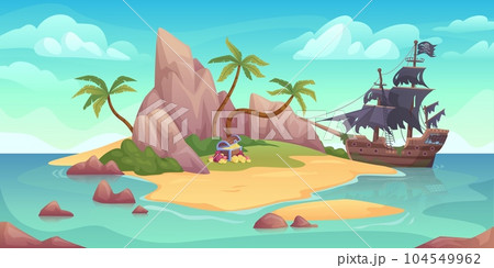Cartoon pirate island. Wood shipwreck ship on sand beach with coin chest pirates treasure in tropical sea coast landscape, adventure game background ingenious vector illustration 104549962