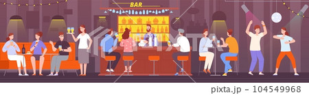 Friends in pub interior. People hangout bar counter, dancing party guy drink alcoholic beverage meeting happiness company waiter work night restaurant, splendid vector illustration 104549968