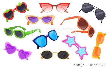 Different sunglasses. Cartoon sun spectacles, colorful glasses lens summer beach eye glass accessories metalic eyeglasses black eyewear aviator style neat specs vector illustration Different sunglasses. Cartoon sun spectacles, colorful glasses lens summer beach eye glass accessories metalic eyeglasses black eyewear aviator style neat specs vector illustration 104549972