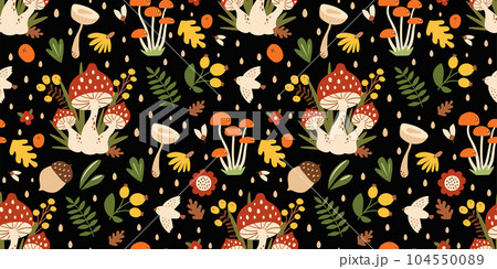 Forest mushrooms seamless pattern with fall leaves, berries, flowers on black repeat background. Vector nature print 104550089