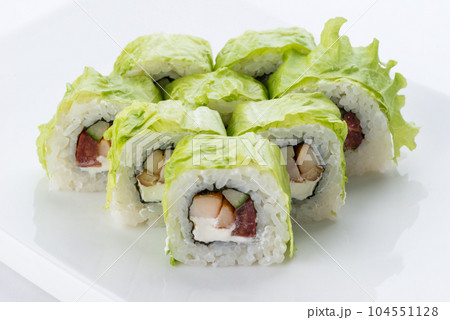 Japanese food restaurant, sushi maki gunkan roll plate or platter set. Sushi set and composition 104551128