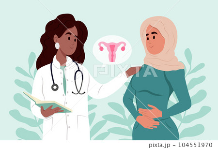 Uterine Fibroids symptoms, diagnostic and treatment. A black family doctor is talking to a muslim patient with uterine fibroids. July is fibroid awareness month. Consultation of a gynecologist. Uterine Fibroids symptoms, diagnostic and treatment. A black family doctor is talking to a muslim patient with uterine fibroids. July is fibroid awareness month. Consultation of a gynecologist. 104551970