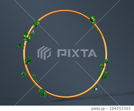 Gold round frame with precious emerald stones isolated on dark background. Abstract geometry composition with metal circle ring, green crystal gems and empty space for display product. 3D illustration 104552303