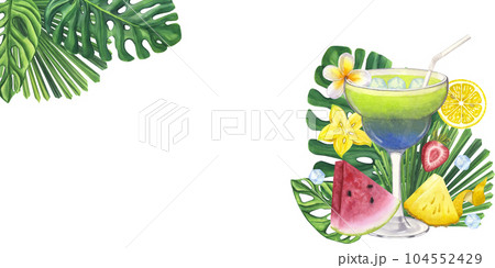 Banner green blue cocktail glass fresh juice alcoholic drinks. Lemon, ice, mint. Tropical leaves Monstera. Hand drawn watercolor illustration isolated on white background. For bar restaurant menu 104552429