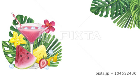 Banner pink cocktail glass fresh juicy or alcoholic Cosmopolitan. Strawberry, lemon. Tropical leaves Licuala. Hand drawn watercolor illustration isolated on white background. For bar restaurant menu 104552430
