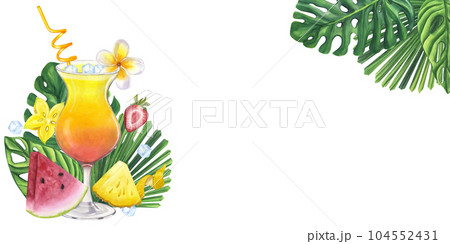 Banner cocktail Sex on the beach, Tequila Sunrise. Tropical leaves. Cherry, pineapple. Hand drawn watercolor illustration isolated on white background. Design element for bar restaurant menu 104552431