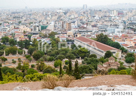 Stoa of Attalos and Athens city from hill, Greece Stoa of Attalos and Athens city from hill, Greece 104552491