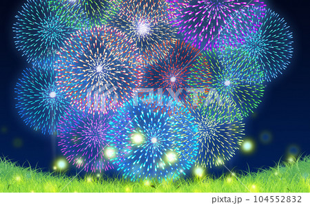 夏の夜空に舞う蛍と大輪の花火のイラスト素材 [104552832] - PIXTA