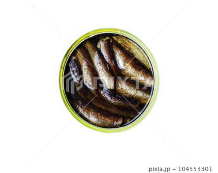 Canned fish with sprats in oil on a white background Canned fish with sprats in oil on a white background 104553301