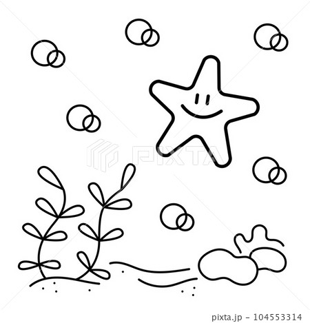 Cute starfish on the seabed. Doodle black and white vector illustration. 104553314