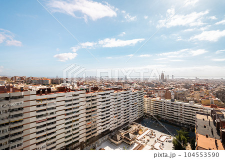 Cityscape of barcelona's urban area with skyline and architectural buildings in high angle view 104553590