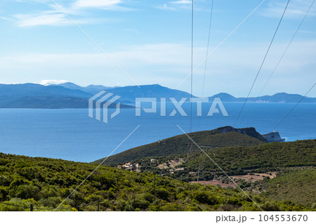 Electrical line on green Lefkada island in Greece Electrical line on green Lefkada island in Greece 104553670