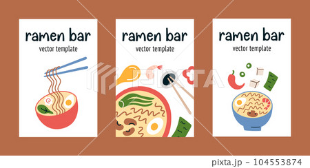 Ramen bar cards, template composition with copy space, noodle soup restaurant, hand written lettering, poster with asian food, card collection, ramen shop design 104553874