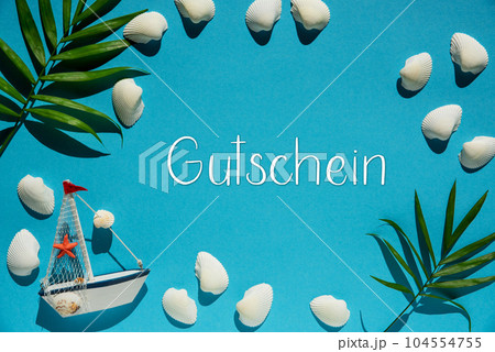 Turquoise Summer Flat Lay, Boat And Shells, Text Gutschein Means Voucher Turquoise Summer Flat Lay, Boat And Shells, Text Gutschein Means Voucher 104554755