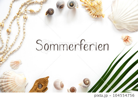 Summer Flat Lay White, Shells and Plants, Summer Background, Text Sommerferien 104554756