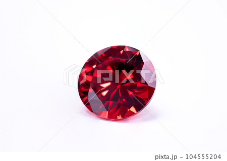 Red Ruby gemstone Round Cut isolate on white background, close up shot 104555204
