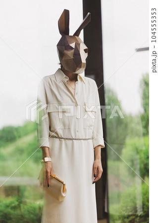 Fashionble woman in rabbit mask in the interior 104555353