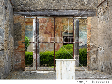 Houses in Pompeii with wall fresco near Naples, Italy, Europe 104555844