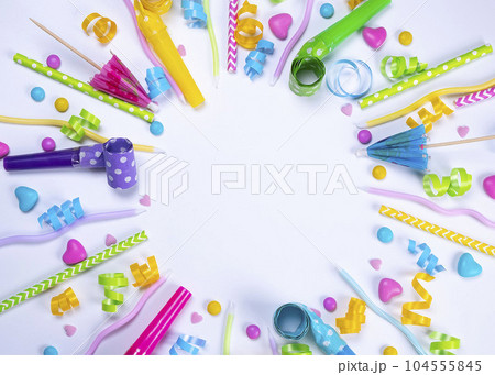 white background with candies,candles , balloons and pipes for a celebrated birthday or party. 104555845