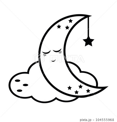 The moon character on a doodle-style kawaii cloud, black outline, isolated vector 104555968