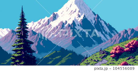 Landscape 8bit pixel art. Summer natural landscape mountain scenery arcade game background 104556089