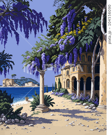 Mediterranean beach Corfu Ancient Roman architecture vector illustration 104556090