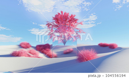 3d render Surreal dune landscape background with alone tree, abstract fantastic desert dune in seasoning landscape environment, panoramic, futuristic scene with copy space, blue sky and cloudy 104556194