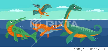 Dinosaurs swimming and flying. Vector flat illustration on panorama sea. 104557024