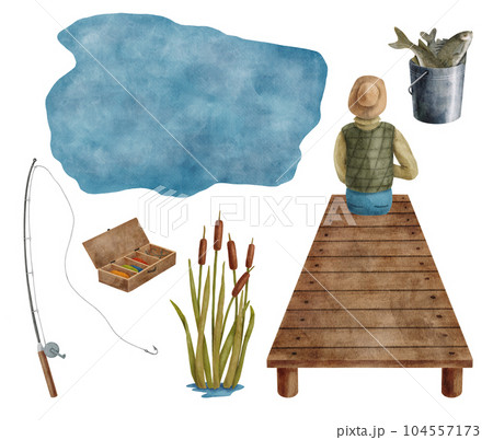 Watercolor fishing set. Hand drawn fisherman on wood pier, blue water background, fishing rod, reed, bucket with fish isolated on white. Catching fish hobby elements for cards, design, advertising 104557173