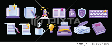 3D write author icon set, vector laptop article, creative story content sign, book paper document.  104557469