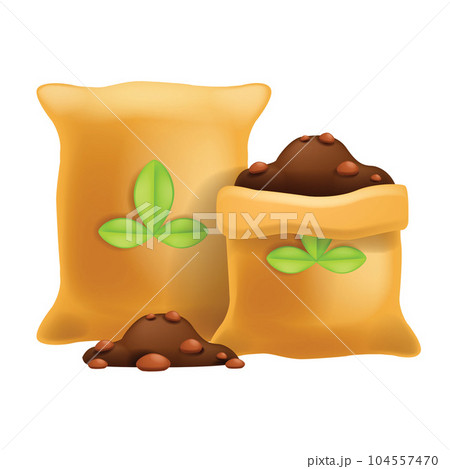 3D fertilizer bag icon, vector flower soil, garden dirt illustration, ecological ground mineral NPK 3D fertilizer bag icon, vector flower soil, garden dirt illustration, ecological ground mineral NPK 104557470