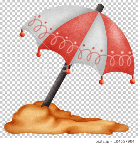 Cute white and red umbrella in the sand 104557904